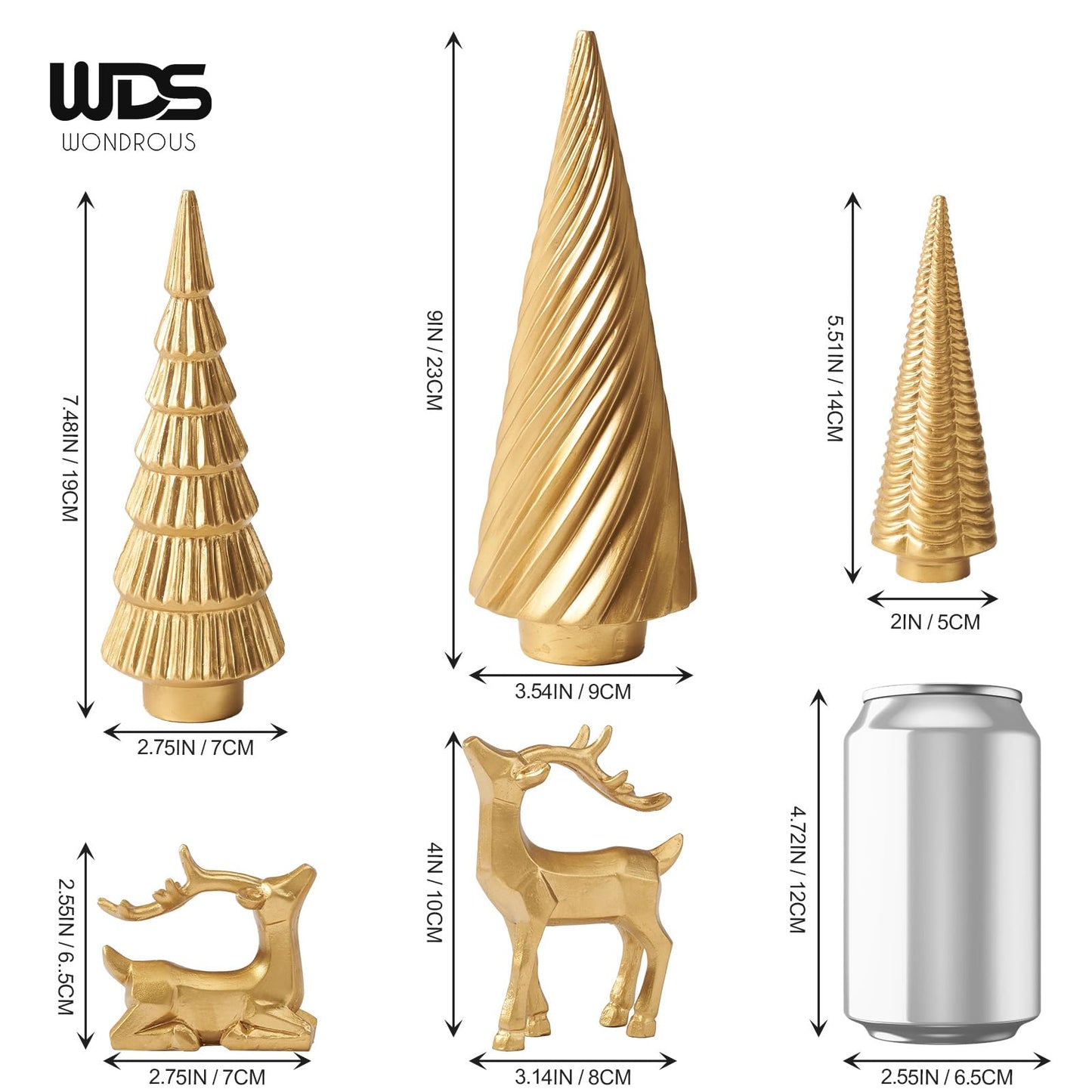 WDS WONDROUS Christmas Decoration Reindeer and Mini Trees Gold, Resin Reindeer Statues and Xmas Tree Figurines for Indoor Home Decor, Tabletop Mantle Cabinet Desktop Office