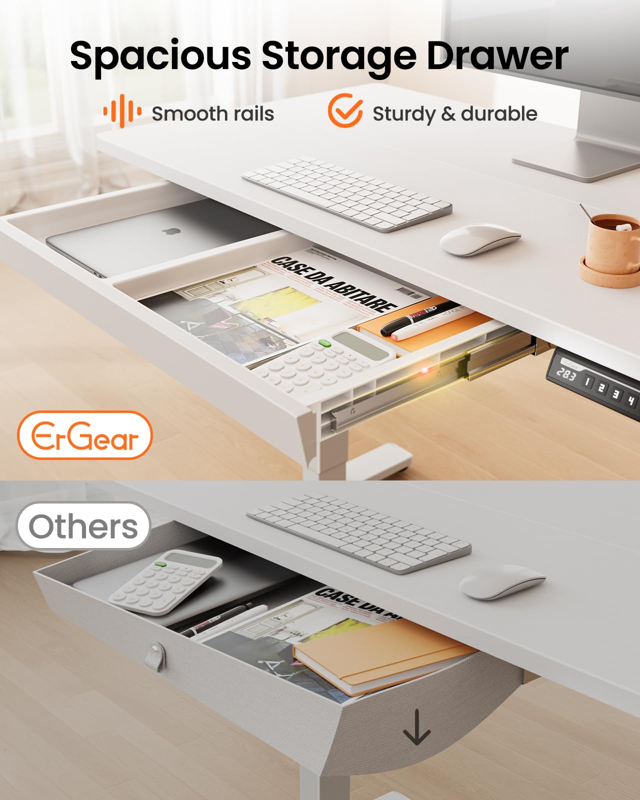 ErGear Electric Standing Desk with Drawers, 48" x 24" Height Adjustable Desk with 4 Preset, Home Office Computer Table with Splice Board, White