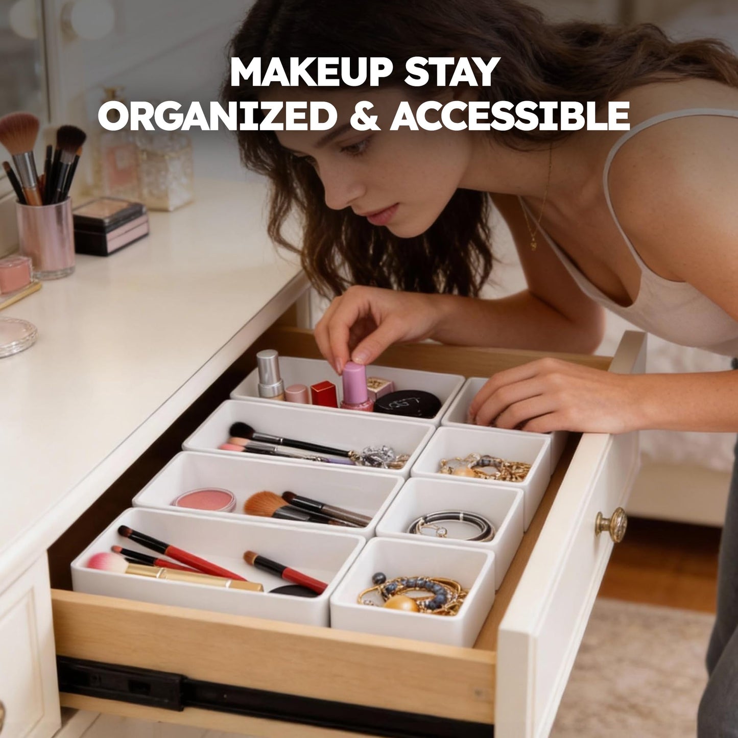 eazttouz 8 Pack Stackable Drawer Organizer Trays, Plastic Shallow Storage Bins for Bathroom Vanity, Desk Drawer, Kitchen, Makeup Organization, White (4M+4S)