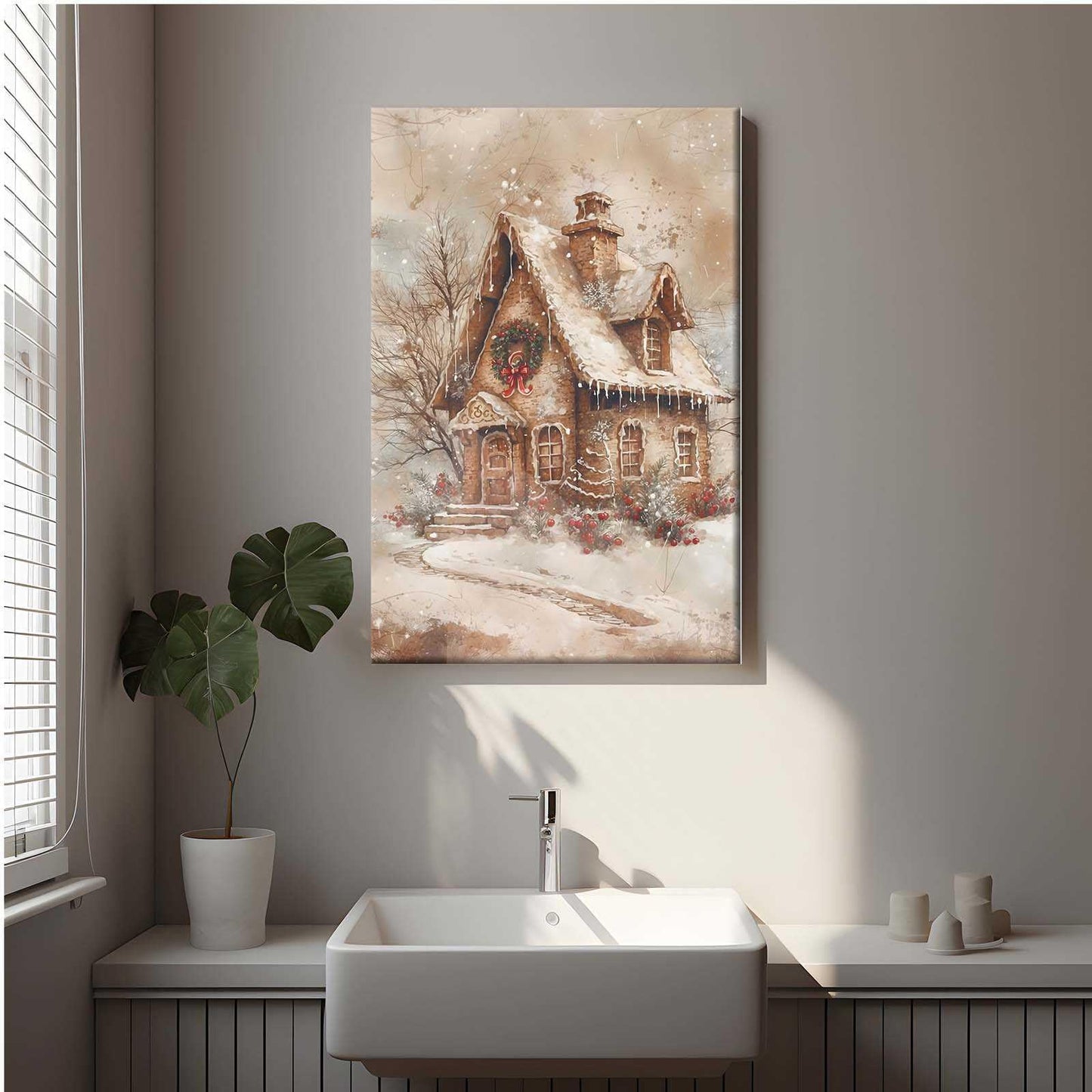 Framed Canvas Wall Art Home decor Winter Gingerbread House Traditional Christmas Print Festive Artwork Wall Decor canvas print poster 8x12in Wood Framed