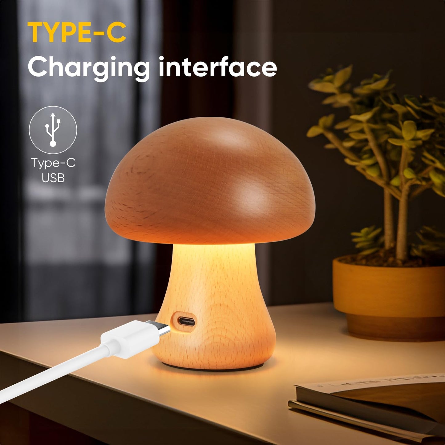 LONRISWAY Creative Wood Mushroom Table Lamp, Portable Cordless Small Lamp, Rechargeable Battery Operated Lamp,Stepless Dimming, Night Light for Birthday Gifts, Creative Home Decor Unique House Gift