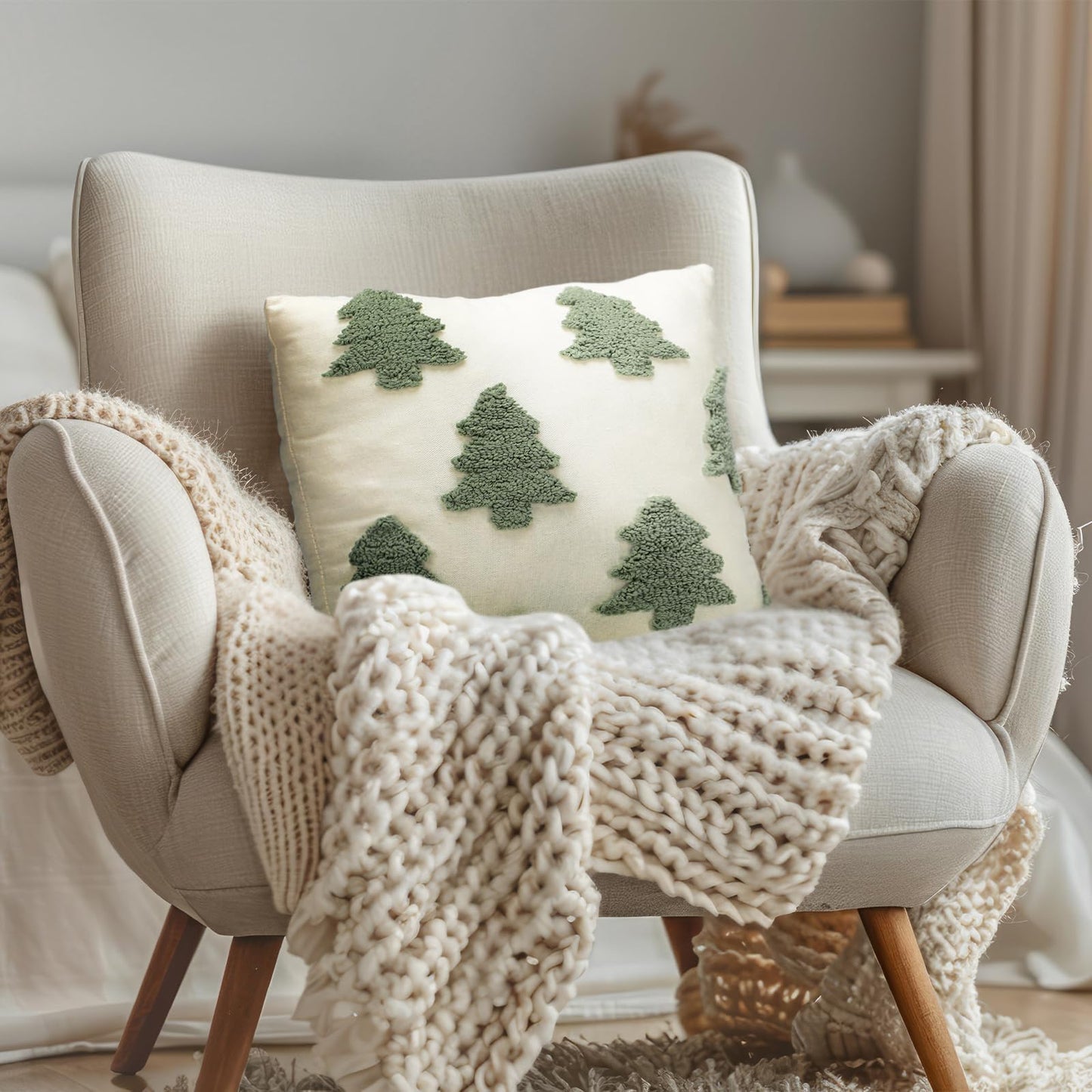 Mixweer 2 Pcs Christmas Pillow Covers 18x18 Inch Neutral Christmas Tree Embroidery Throw Pillow Covers Decorative Throw Cushion Case for Xmas Winter Holiday Decoration (White)