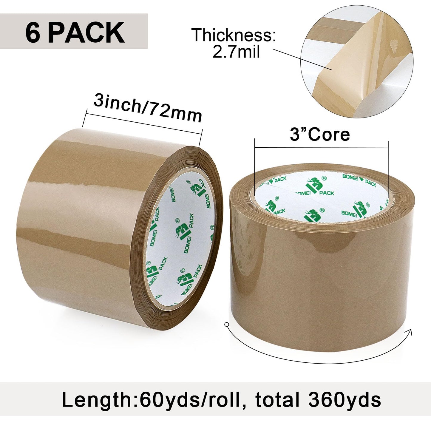 BOMEI PACK Brown Packing Tape 3 inch Wide, Heavy Duty Brown Packing Tape Refills for Moving Boxes, Shipping and Storage, 2.7 Mil x 60 Yards
