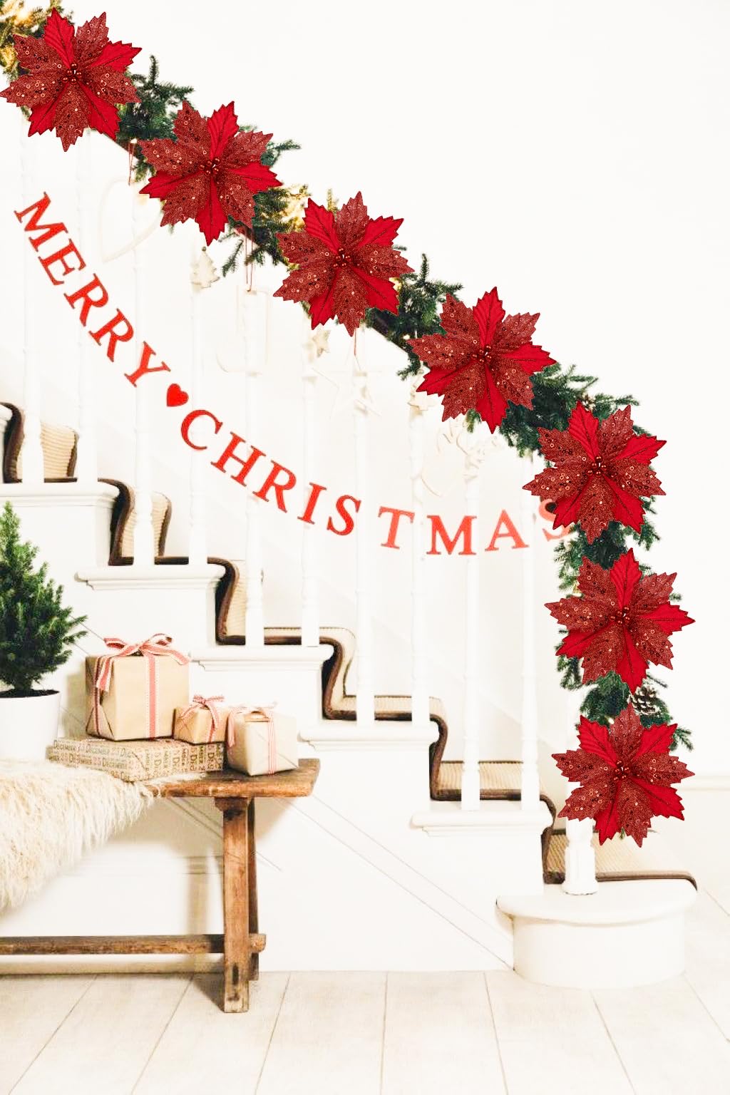 Briful 9'' Poinsettias Artificial Christmas Flowers 8PCS Silk Christmas Floral Picks and Sprays Large Red Poinsettias Flowers with Clips for Xmas Tree Vase Arrangement Wreath Decor