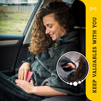 MasterManner Travel Blanket Airplane Compact with Hoodie – 2in1 Airplane Travel Accessories from Plane Blanket to Travel Pillow with Luggage Strap, Soft Handle & Secure Pocket