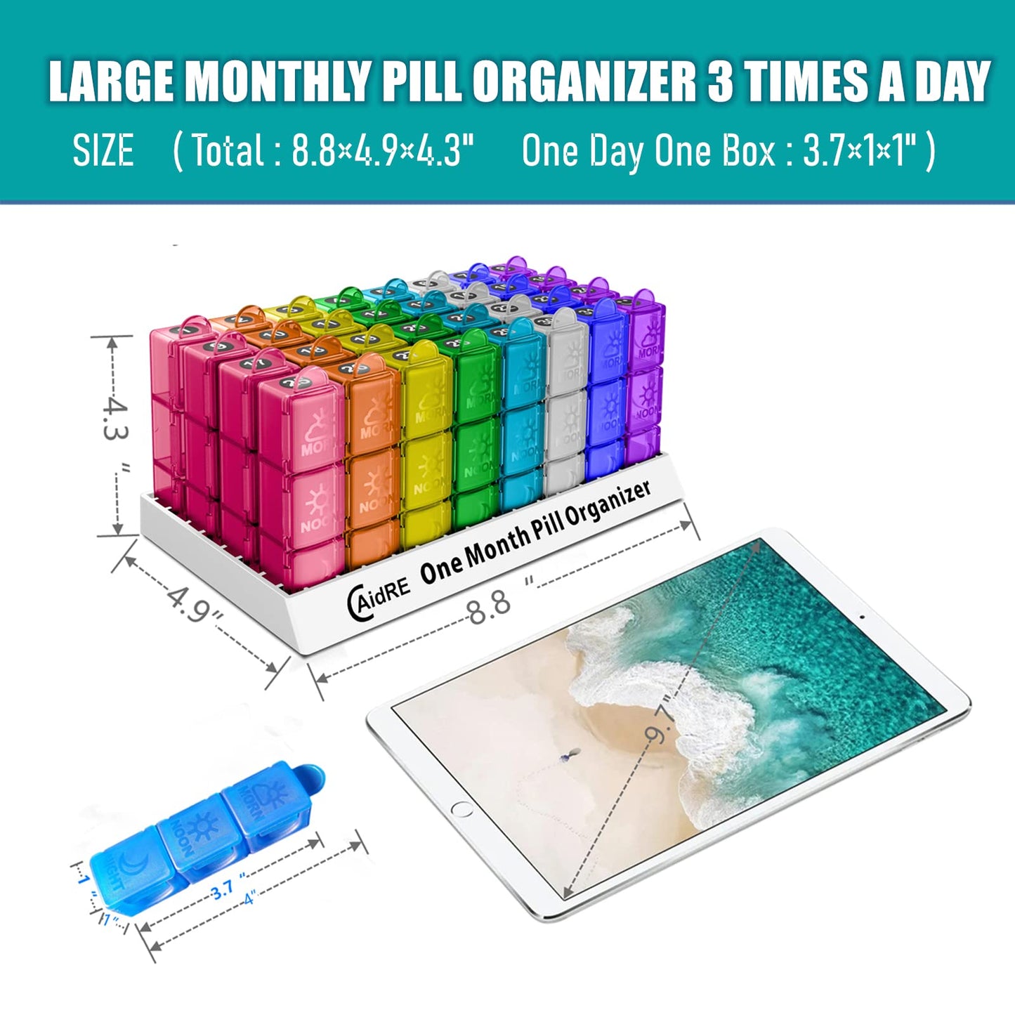 CAidRE Monthly Pill Organizer 31 Day 3 Times a Day – One Month Pill Box for Medications, Fish Oil, Vitamins & Supplements – 30 Day Daily Pill Case Organizer