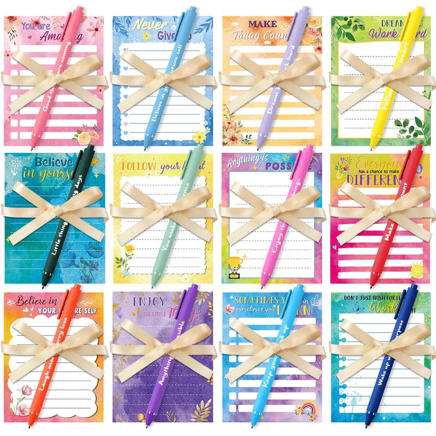 Yeaqee 12 Set Employee Appreciation Gifts 12 Empowering Sticky Notepads 12 Pens 12 Ribbons Motivational Sticky Notes Inspirational Pens for Office Supplies(Watercolor)