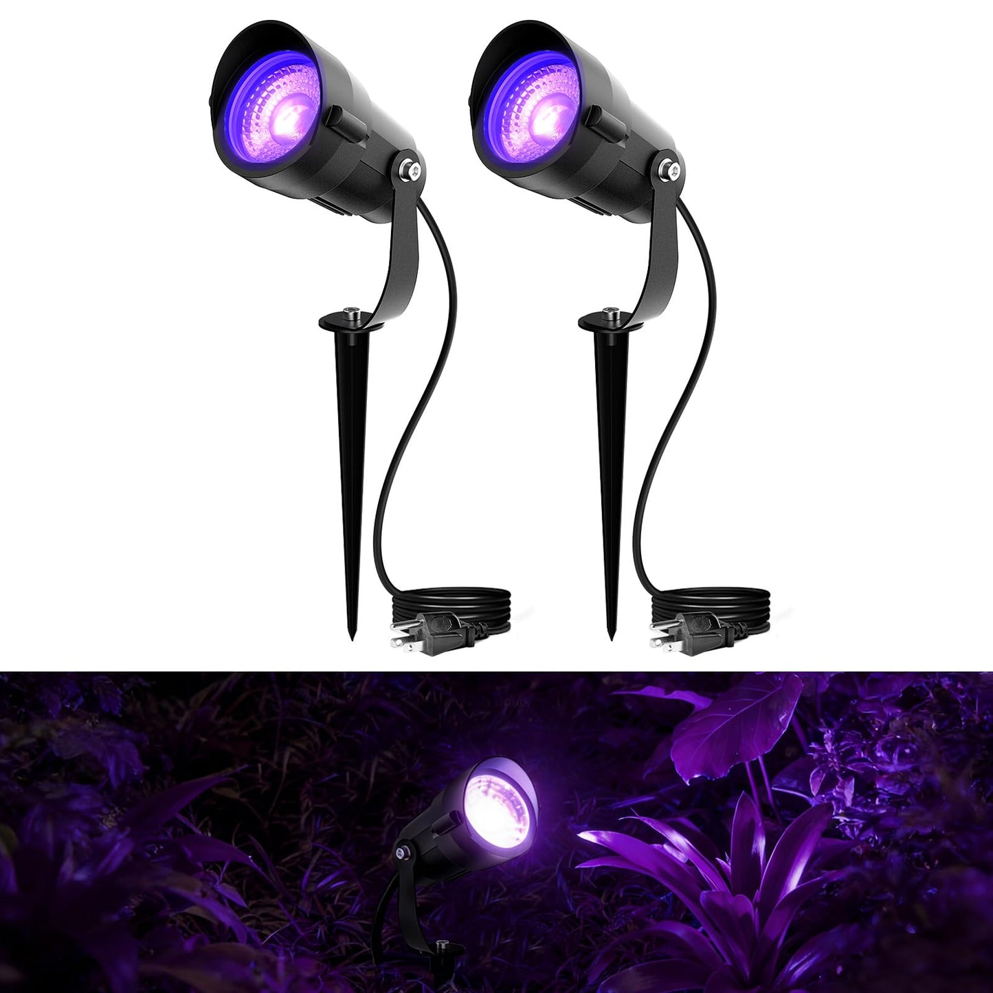 12W LED Black Light Outdoor UV Spotlight, IP65 Waterproof Blacklight Spot Lights, 385-400nm, Plug-in Landscape Lighting with US Plug for Glow Party Body Paint Fluorescent Poster Neon Decor (2 Pack)