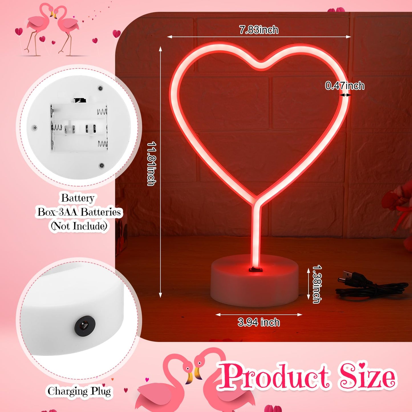 Retisee 2 Pack Heart Neon Signs with Holder Base LED Neon Light USB or 3-aa Battery Powered Heart Light for Valentine Gifts, Bedroom, Wedding, Pink Room Decor(Red)