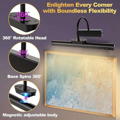 Dimmable Cordless Picture Light with Controller and Timer, Rechargeable Battery Wall Sconce for Wall Pictures, Gallery Artwork, Paintings, Portraits, Dartboards (Black)