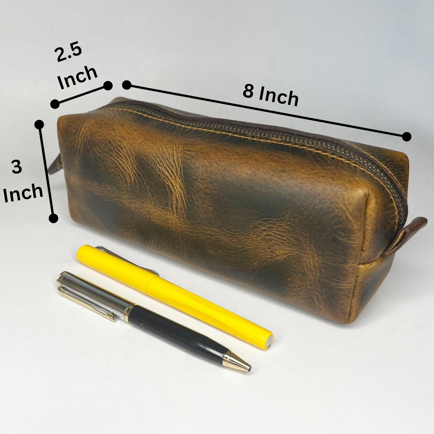 RUSTIC TOWN Leather Pencil Case - Handcrafted Full-Grain Zipper Leather Pen Pencil Holder - Elegant & Practical Pencil Pouch for Work & Office