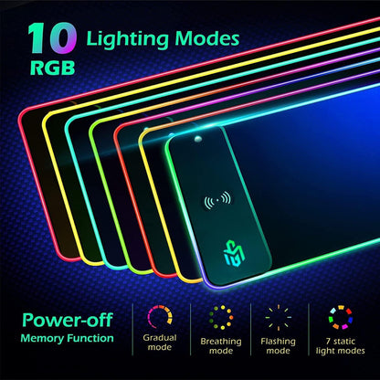GIM Wireless Charging RGB Gaming Mouse Pad 15W, LED Mouse Mat 800x300x4MM, 10 Light Modes Extra Large Mousepad Non-Slip Rubber Base Computer Keyboard Mat for Gaming, MacBook, PC, Laptop, Desk