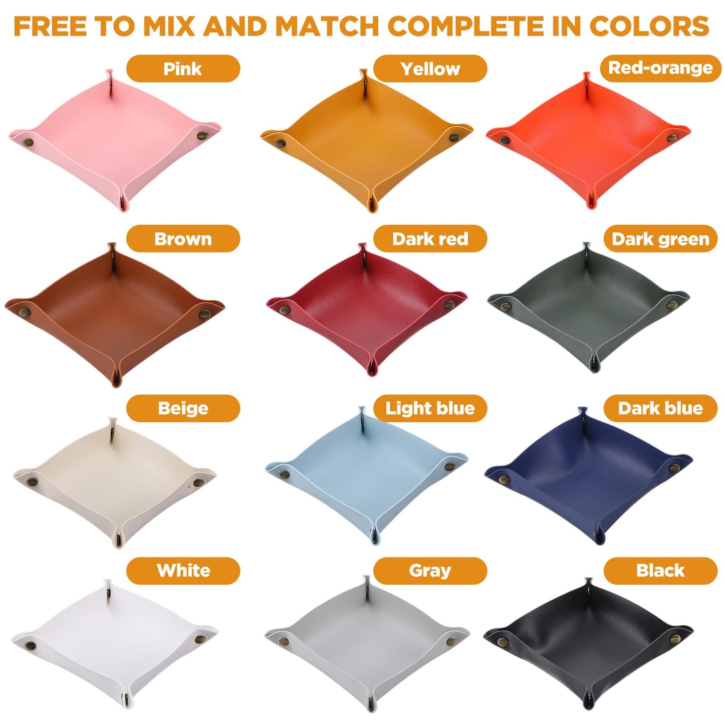 Pafeooui 12 Pcs PU Leather Valet Tray, Foldable Catchall Organizer with Snap Buttons, Double Sided Key Tray for Entryway, Desk, Travel, Phone, Keys, Jewelry - 12 Colors