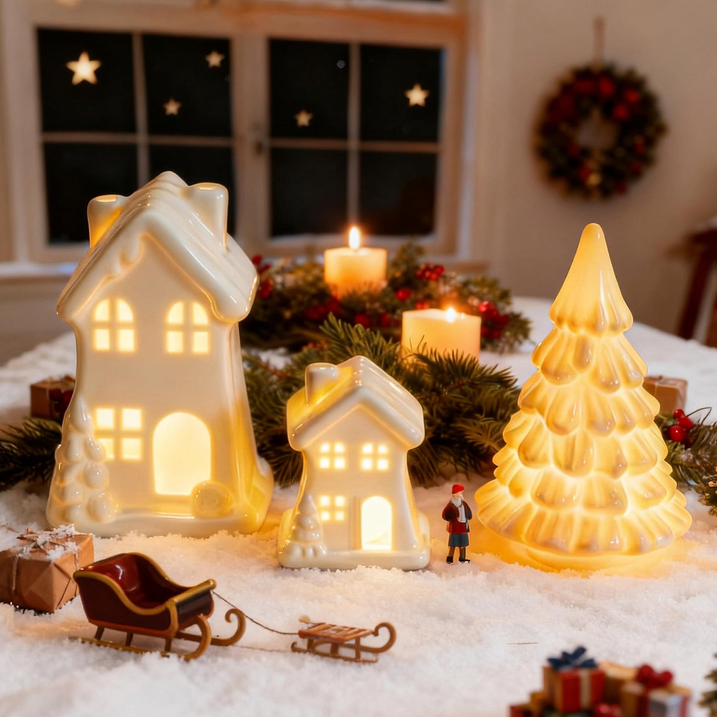NEROSUN Ceramic Christmas Village Houses, 3Pcs LED Lighted Porcelain White Small House and Xmas Tree Tabletop Figurines, Light Up Christmas Decorations for Home Shelf Cabinet Table Winter Decor
