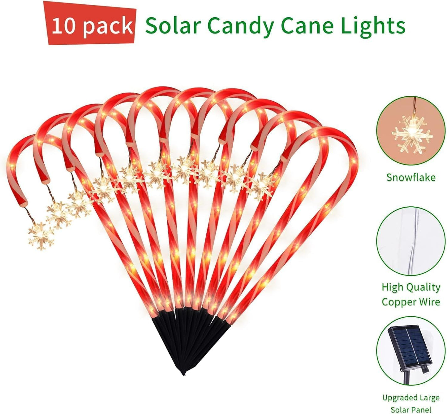 10 Pack Solar Christmas Candy Cane Pathway Lights with Snowflake, Waterproof LED Outdoor Stake Lights for Lawn, Yard, Walkway, Solar Powered Christmas Decorations for Garden, Patio (Warm White)
