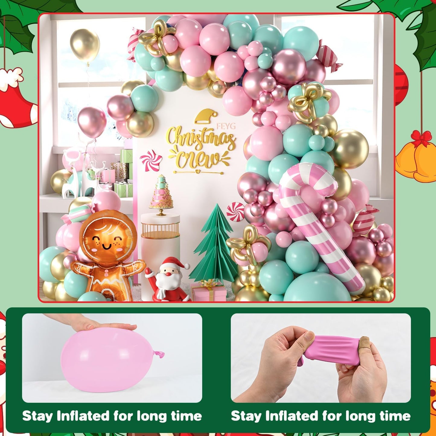 Christmas Balloons Arch Kit, 125 PCS Maca Pink Green Christmas Balloons, Gingerbread Balloon Garland with Candy Cane & Gingerbread Foil Balloon Decorations for Party