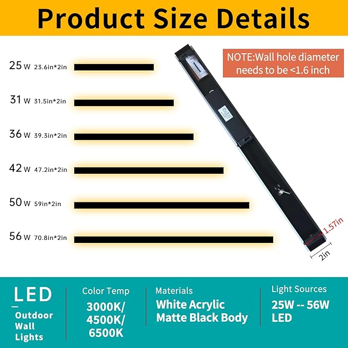Mikeru 3CCT Dimmable Outdoor Wall Sconce 39.3" IP65 Waterproof - 2Pack Modern Black Exterior Light with Remote Control, Adjustable 3000K/4500K/6000K for Porch, Patio & Commercial Spaces | Hardwired