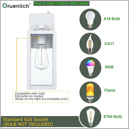 GRUENLICH Dusk to Dawn Large Outdoor Wall Lantern, Wall Sconce as Porch Lighting Fixture, E26 Base Max 60W, Metal Housing with Glass Shade (White, 2-Pack)