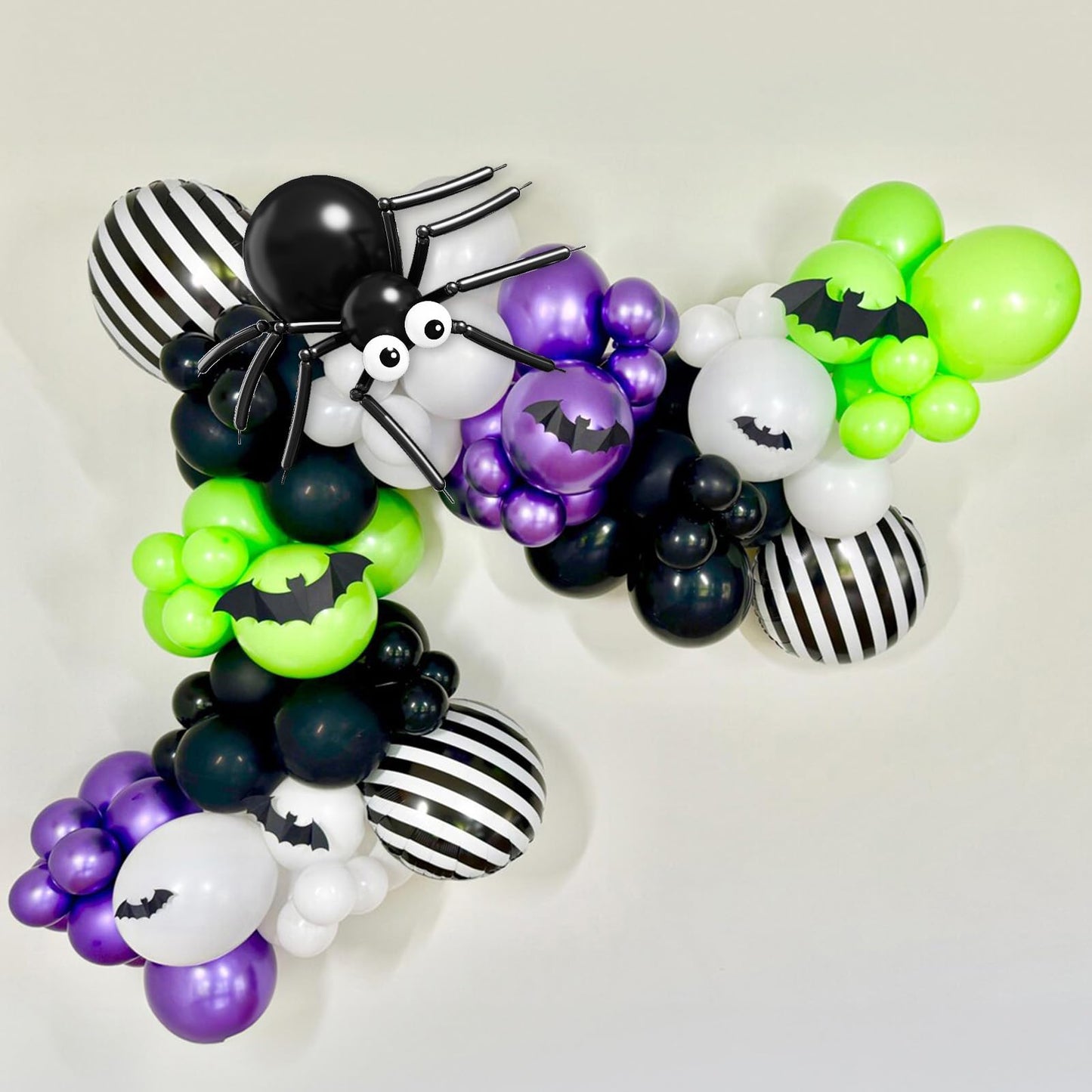 Halloween Balloons Garland Arch Kit, 120pcs Black White Green Purple Balloons, Metallic Purple Spider Striped Foil Balloon 3D Bat Stickers for Happy Halloween Birthday Haunted Theme Party Decorations