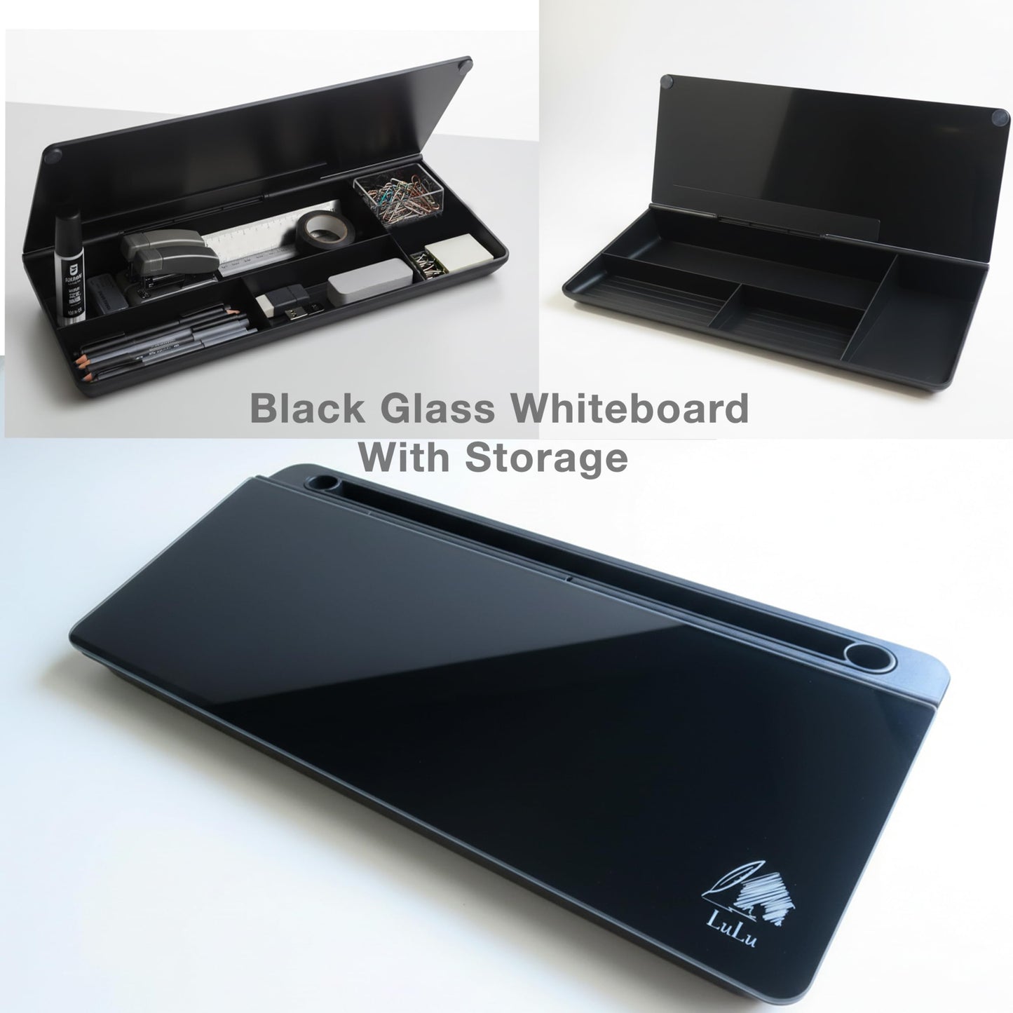 Lulu Office Black Glass Desktop Whiteboard – Modern Dry Erase Board with Storage Drawer for Desk Notes & Organization