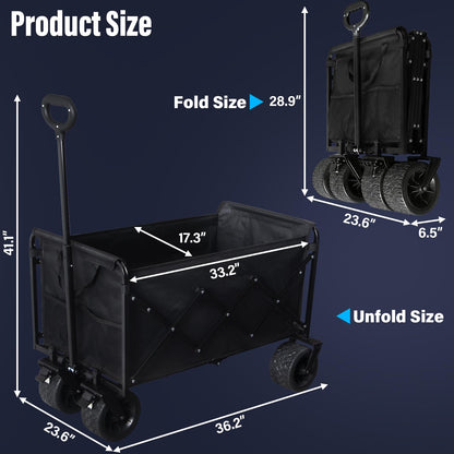 Collapsible Wagon Cart, 650lbs Capacity 300L Folding Utility Wagon with All-Terrain Wheels & Brakes, Heavy Duty Foldable Beach Cart for Groceries, Camping, Sports, Shopping