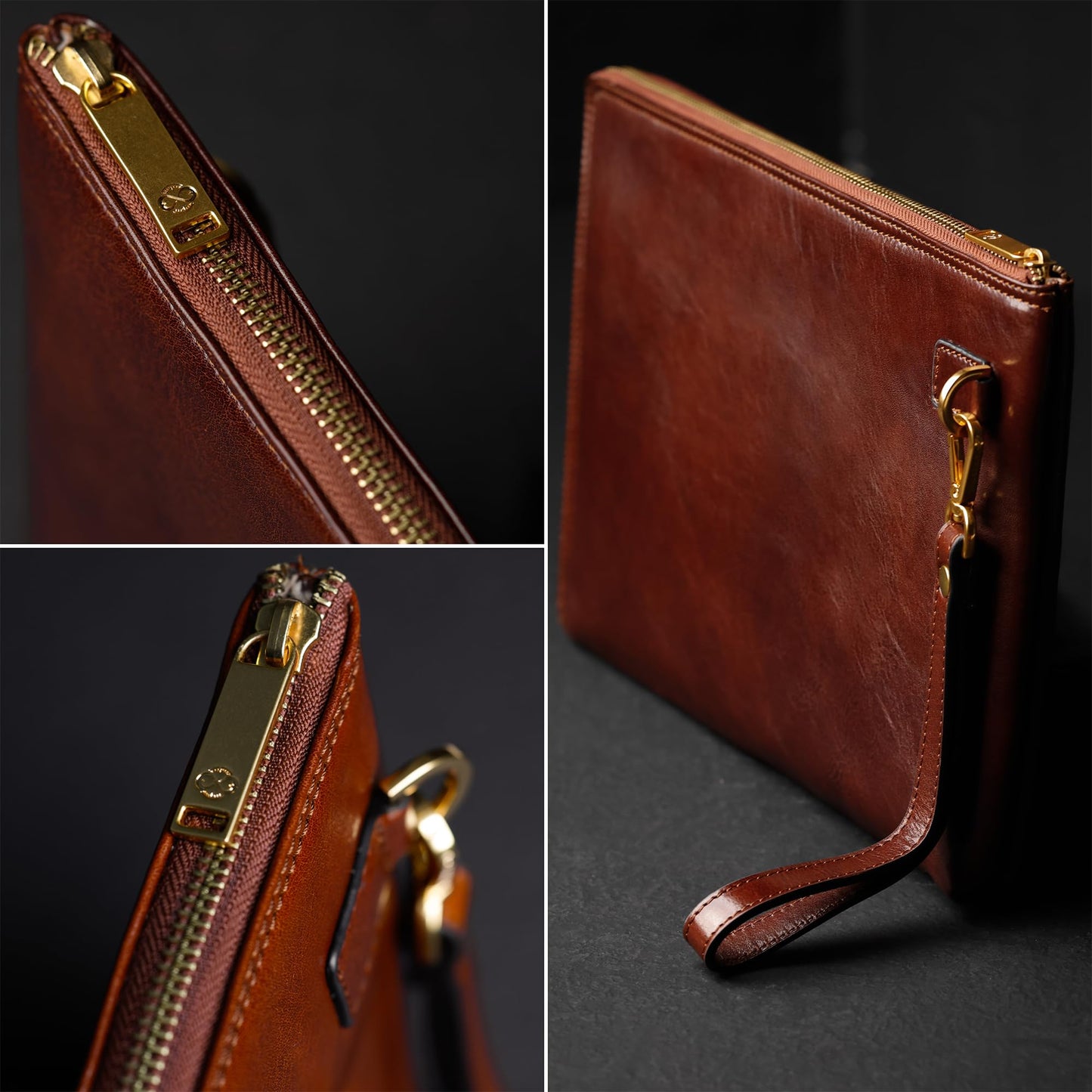 Time Resistance Leather Clutch for Men - Organizer Wrist Bag Briefcase - Handmade in Italy (Brown)