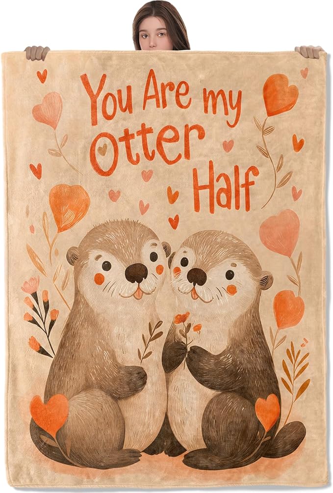 Cute Otter Lightweight Throw Blanket, Romantic Cartoon Animal with Heart and Flower, Warm Soft Cozy Flannel Blankets, Couch Dorm Home Decor All Season Use, 80x60in, Beige, Gifts for Lovers