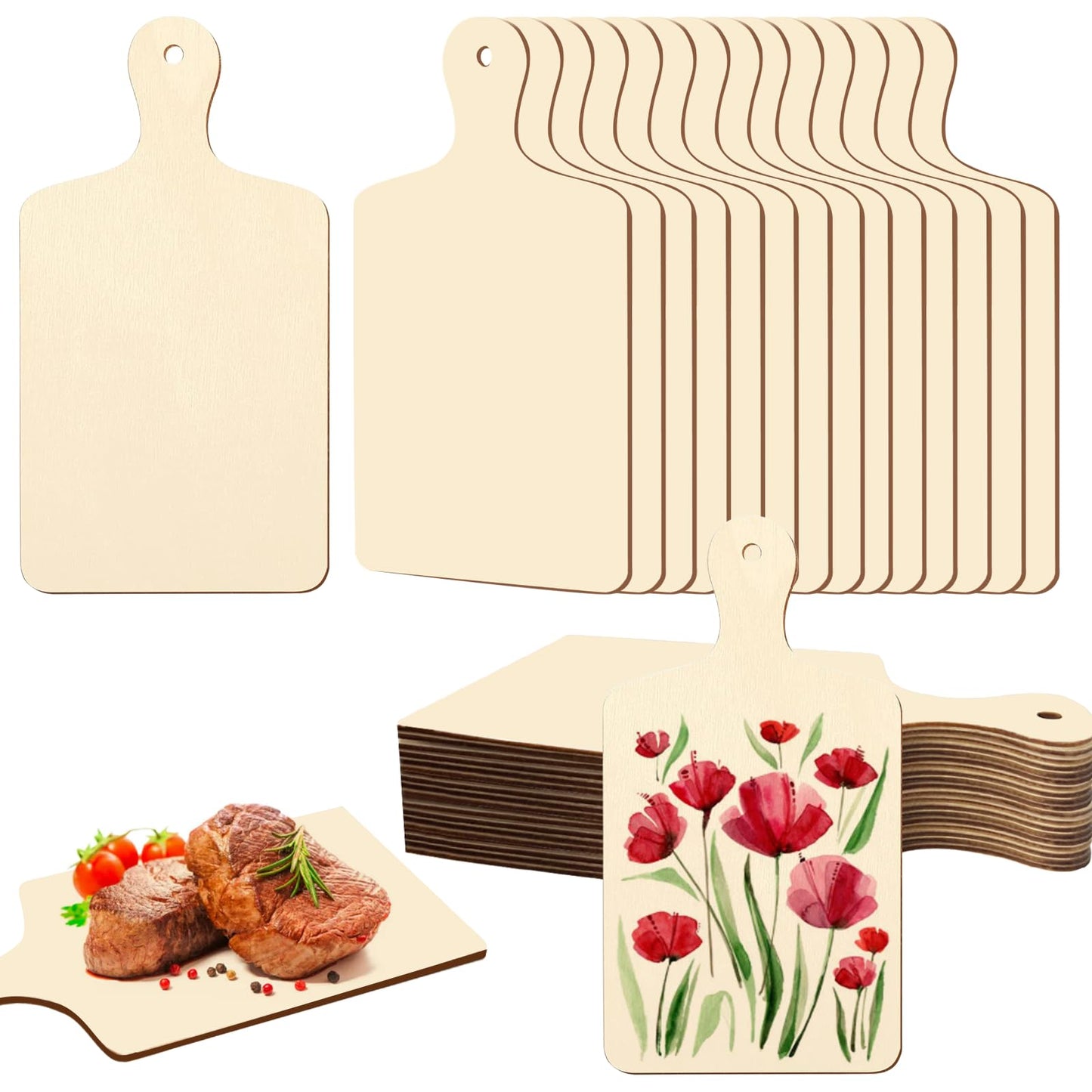 36 Pcs Mini Wooden Cutting Board for Crafts Small Charcuterie Boards Bulk with Handles Unfinished Wood Paddle Blank Chopping Plank for DIY Kitchen Thanksgiving Christmas Cooking Decor (9.4" X 5.5")