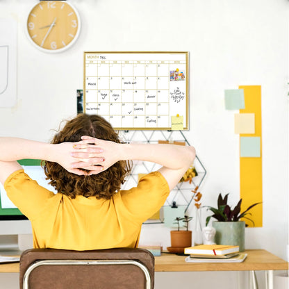 Marribol Golden Monthly Dry Erase Calendar Whiteboard for wall-16"X12" Portable Aluminum Frame,Magnetic Calendar White Board,Wall Planner Dry Erase Board for Office, Kitchen, School, Home-GG