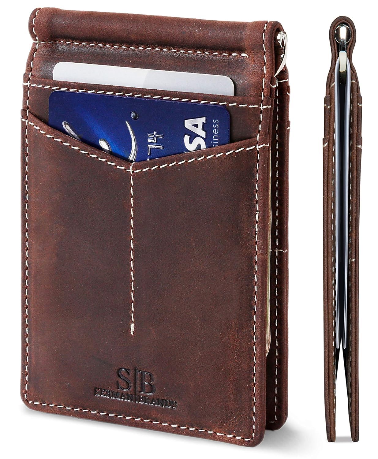 SERMAN BRANDS RFID Blocking Wallet Slim Bifold - Genuine Leather Minimalist Front Pocket Wallets for Men with Money Clip Gift (Texas Brown)