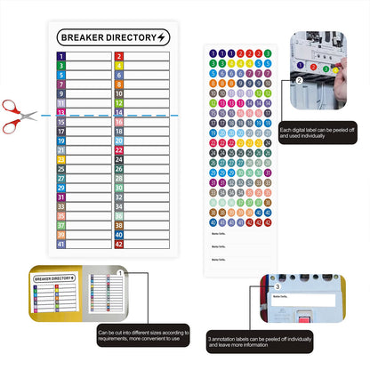 16 Sheets Breaker Panel Labels Electrical Box Sticker Numbers Breaker Panel Labels Electrical Sticker Number Catalog Load Center Adhesive Waterproof Reusable（Mix Colors）