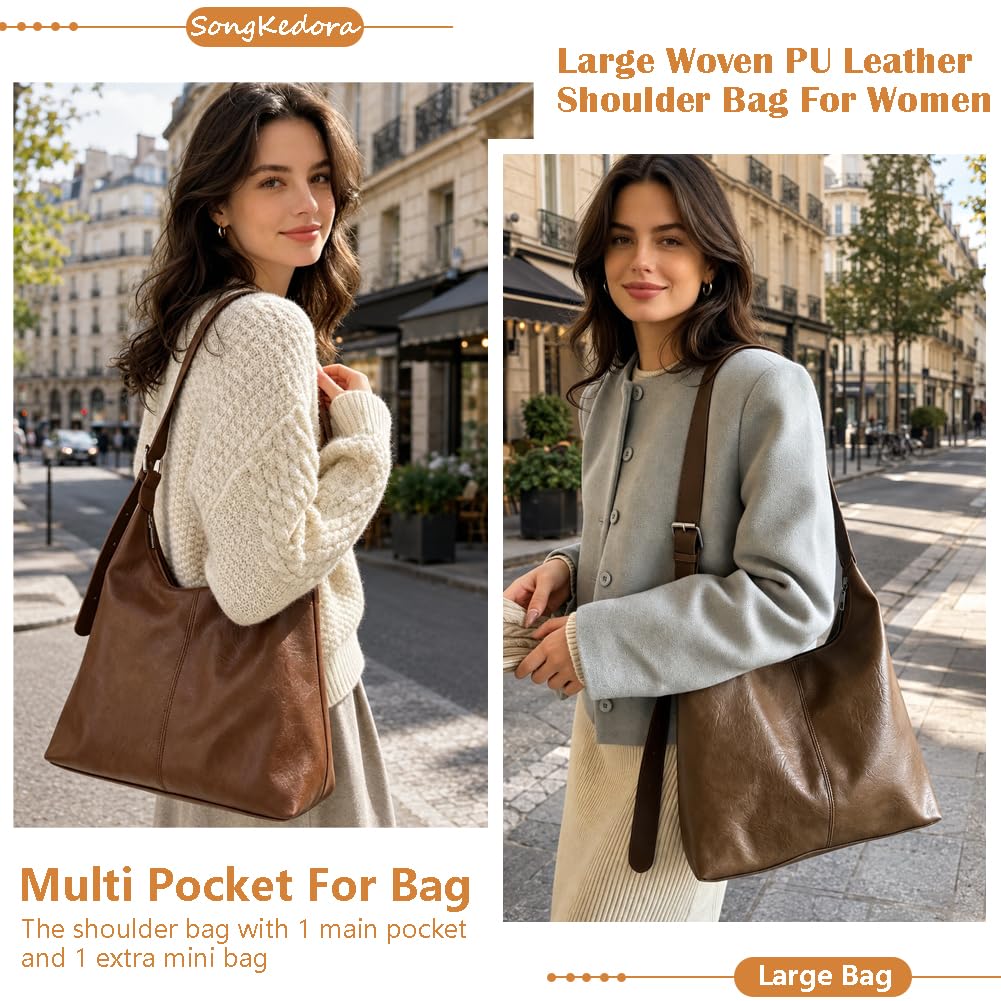 SongKedora Women Large Hobo Bags Vegan Leather Shoulder Handbag Slouchy Tote Purses for Travel Shopping (Coffee)