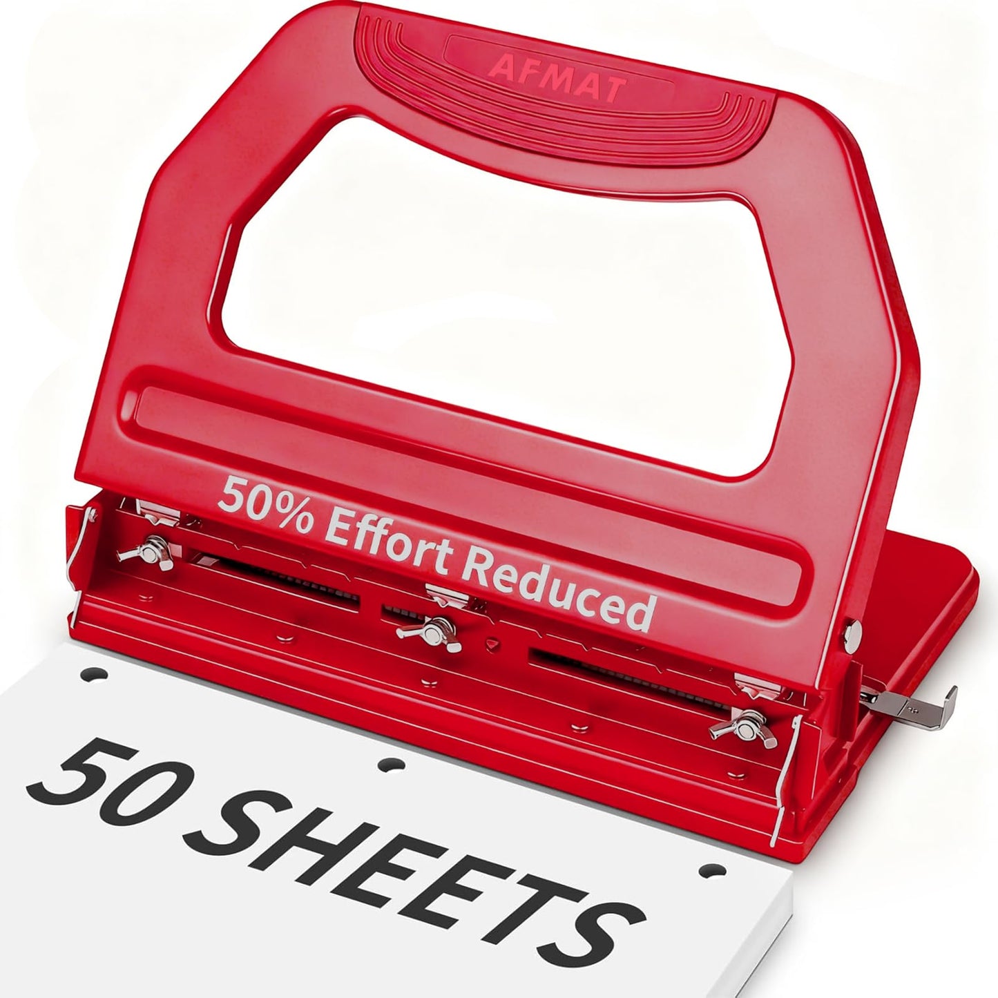 AFMAT 3 Hole Punch Heavy Duty, 9/32" Holes, 50-Sheet Hole Puncher 3 Ring, 50% Reduced Effort, Adjustable Two & Three Hole Punch, Metal Paper Puncher w/Large Chip Tray, Metal Paper Guide, Red, HP18