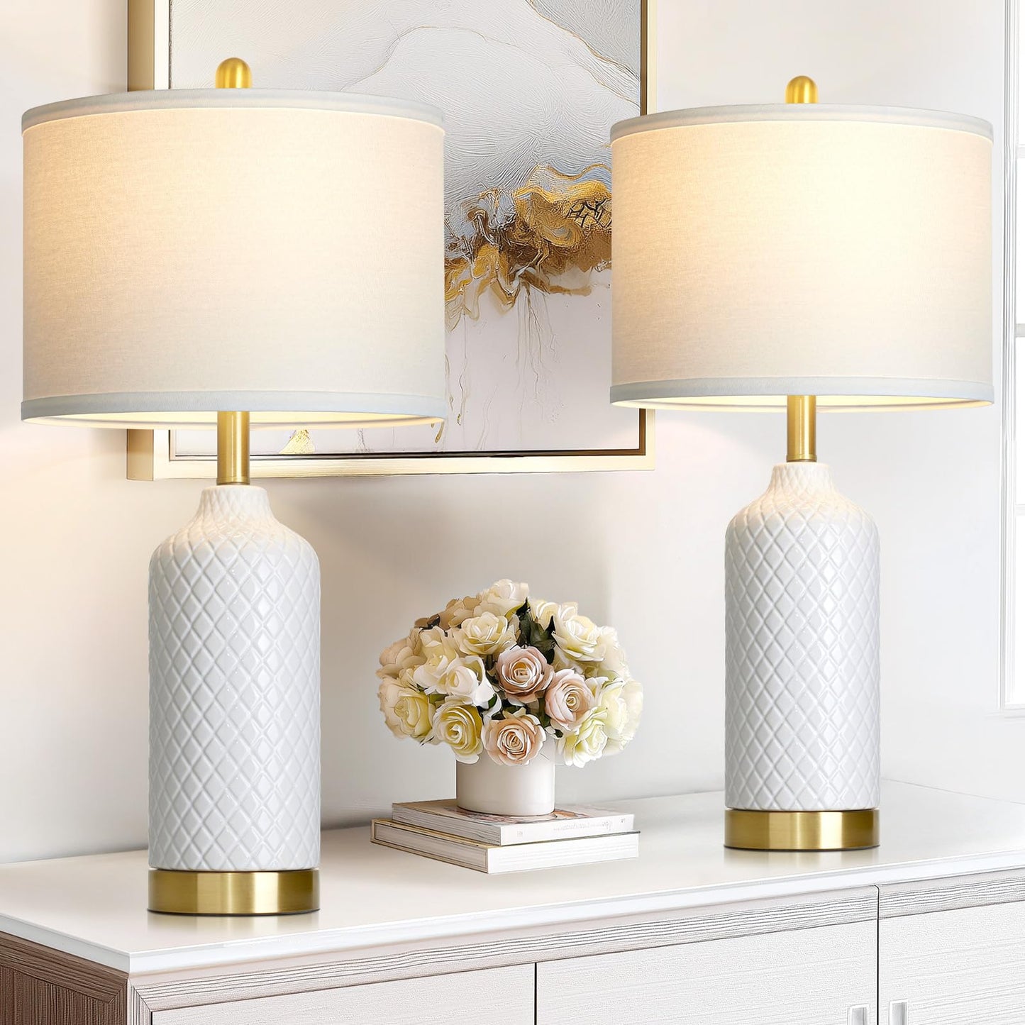 luxeflow 26“ White Ceramic Table Lamps for Living Room, Modern Ceramic Lamps Set of 2, Tall Bedside Lamp for Nightstand, Classic Farmhouse Bedroom Lamp for Desk Side End Table Home Decor