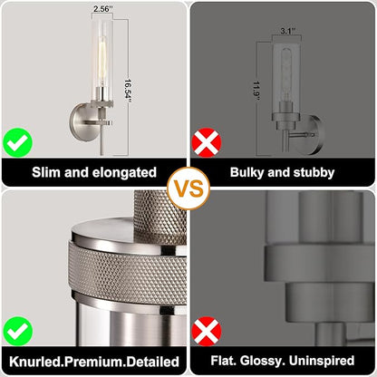 Brushed Nickel Bathroom Vanity Light, Wall Sconces Set of 2 with Knurled Texture, Chrome Silver Wall Lamps with Clear Glass Shade, Modern Industrial Bathroom Lighting Fixtures Over Mirror