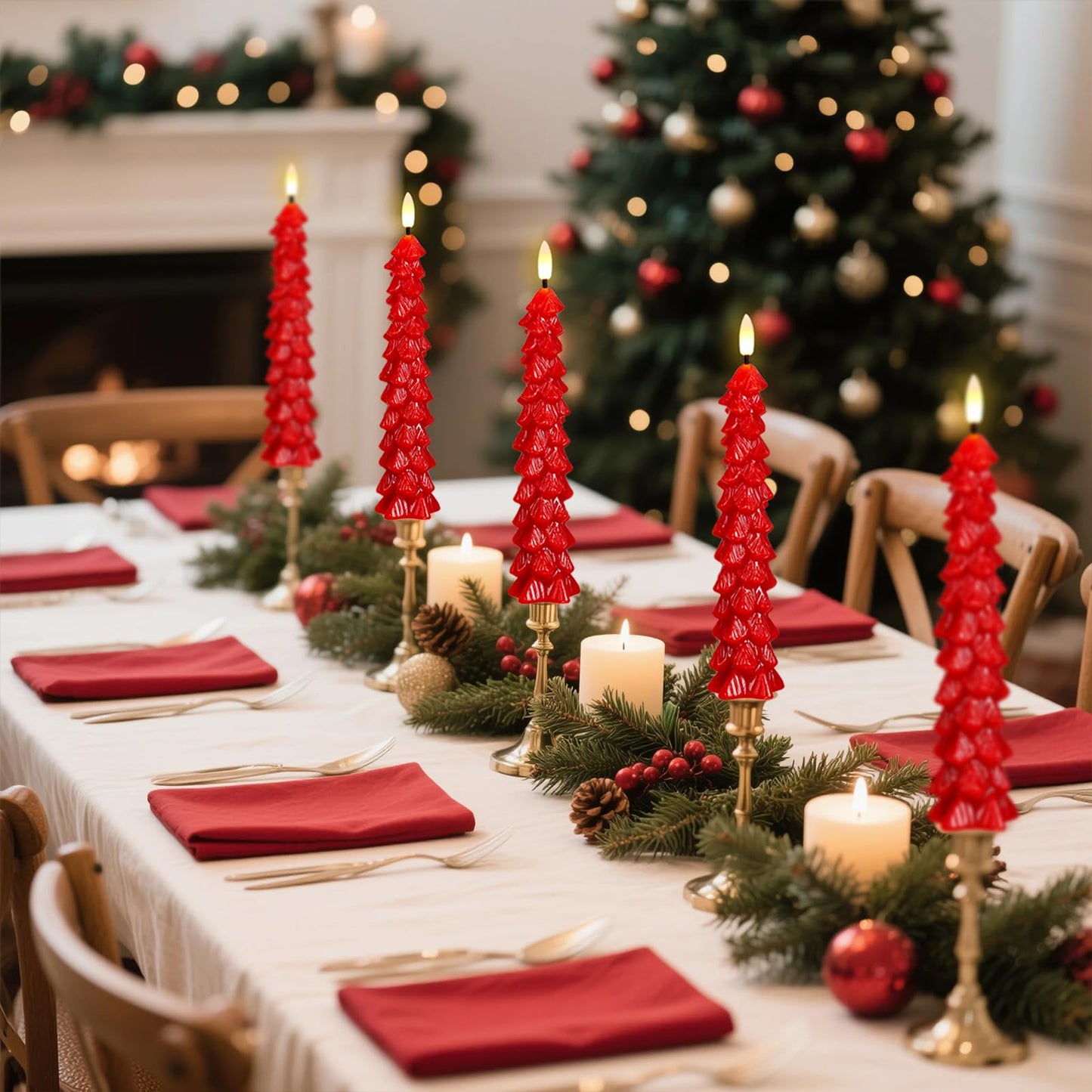 KunSwenn Christmas Tree Candles Battery Operated, Red Waxy Christmas Tree Flameless Taper Candles with Remote Timer, Set of 4 LED Flameless Candlesticks for Xmas Holiday Home Winter Decor(0.78”x9.8”)