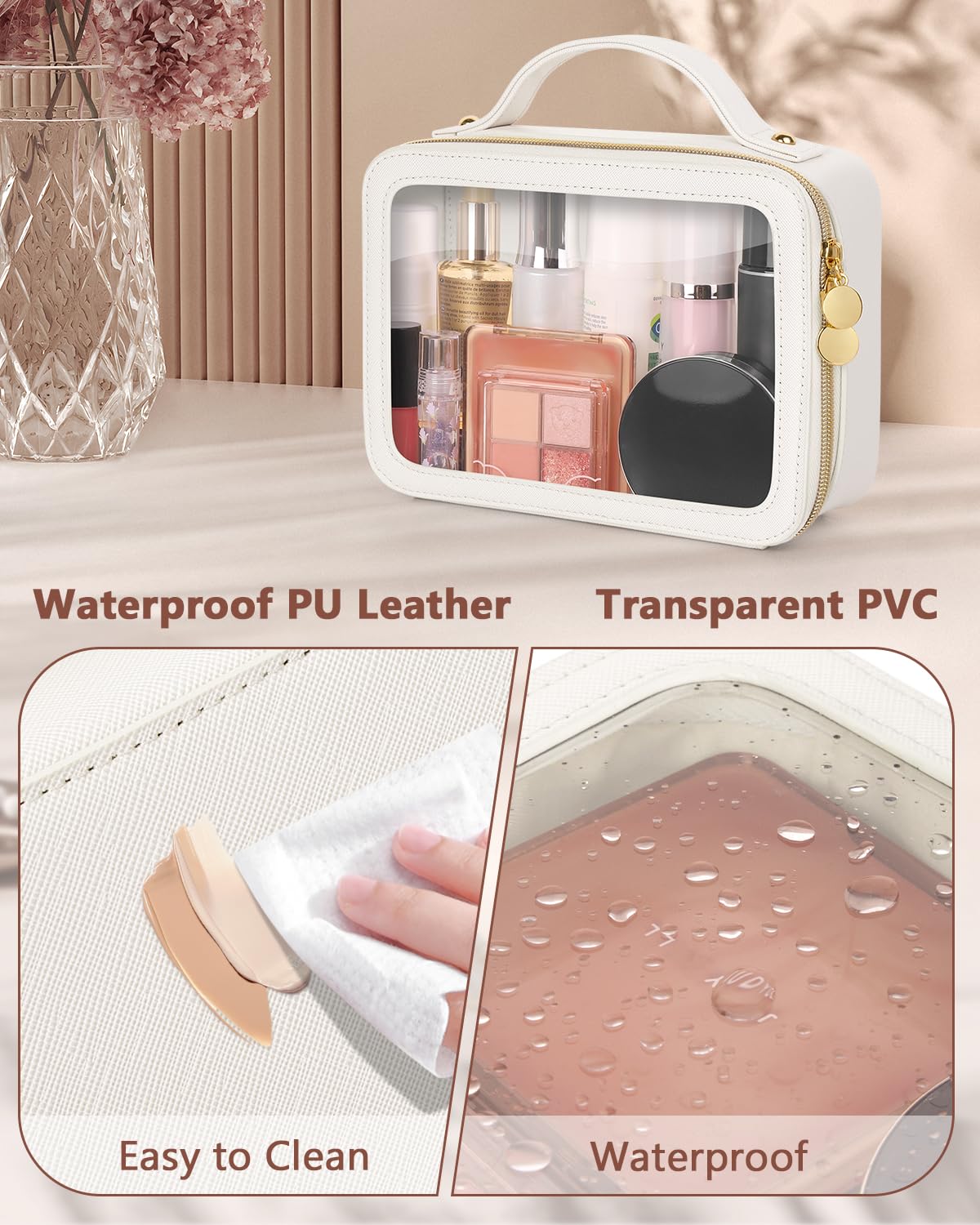 Soimeat Clear Makeup Bag, Portable Travel Cosmetic Bags, Multipurpose Leather Toiletry Bag with Zipper, Waterproof Transparent Cosmetic Organizer for Women, Medium, Beige