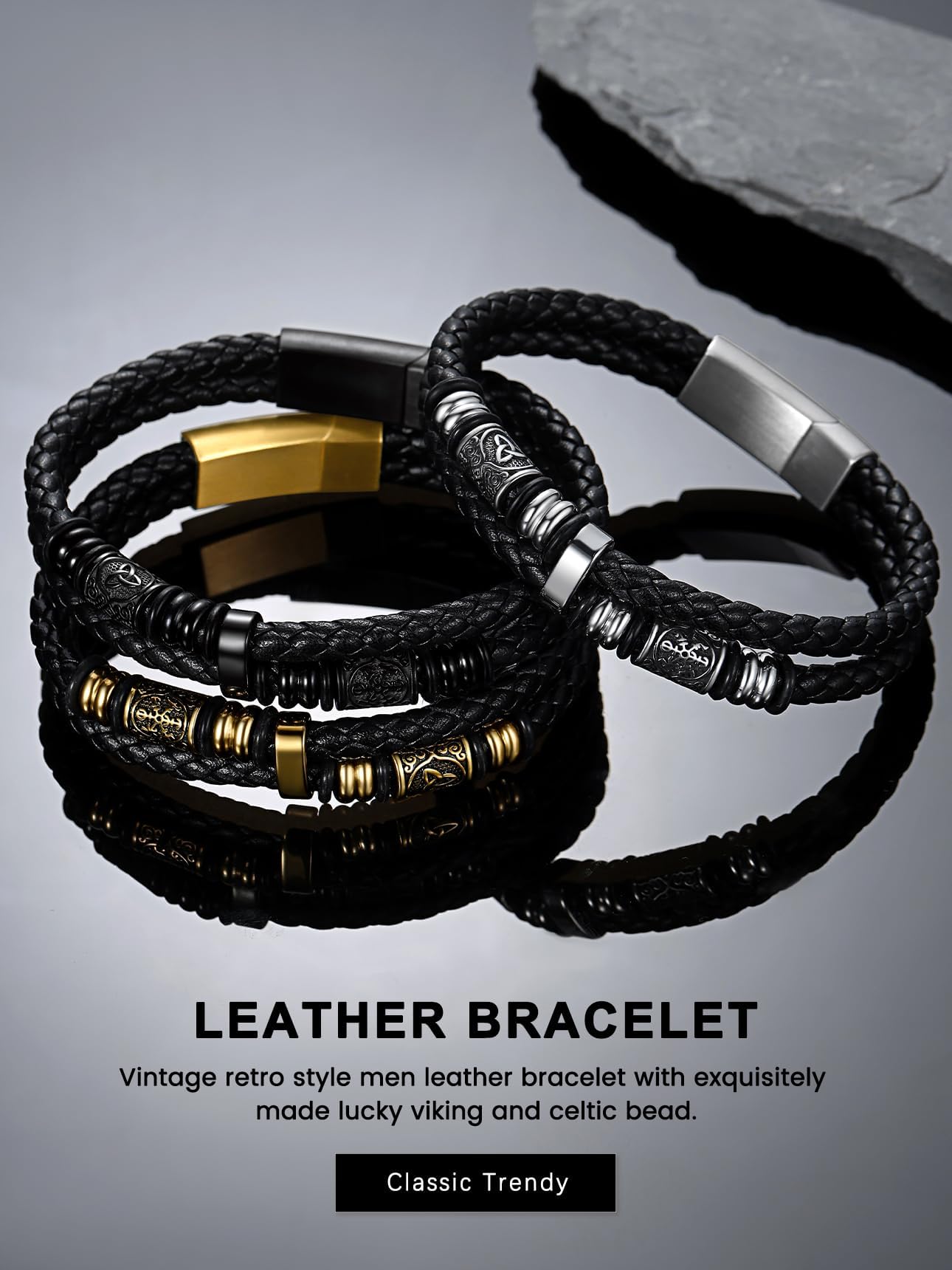 Bestyle Black Leather Bracelet for Men Double Layer Mens Leather Celtic Bracelets with Lucky Beads, Fashion Punk Retro Men Wristband Leather Bracelet Great Gift for Father Husband, 23cm/9.1 Inch