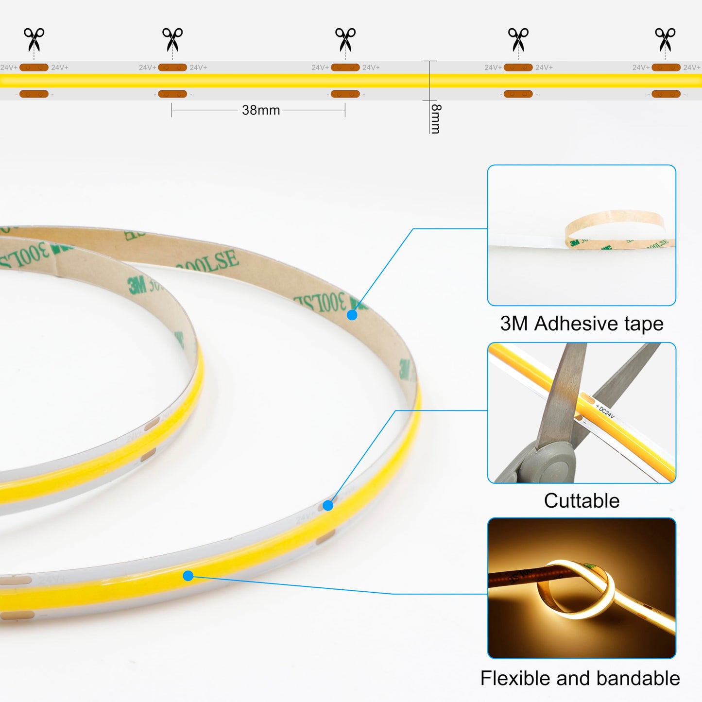 AXMOTUT 32.8ft COB LED Strip Light Warm White, High Bright LED Strips with 320LEDs, RF Remote and UL Power Supply, 3000K Dimmable LED Lights for Bedroom,Kitchen, DIY Home Decoration, 2 Rolls of 16.4ft