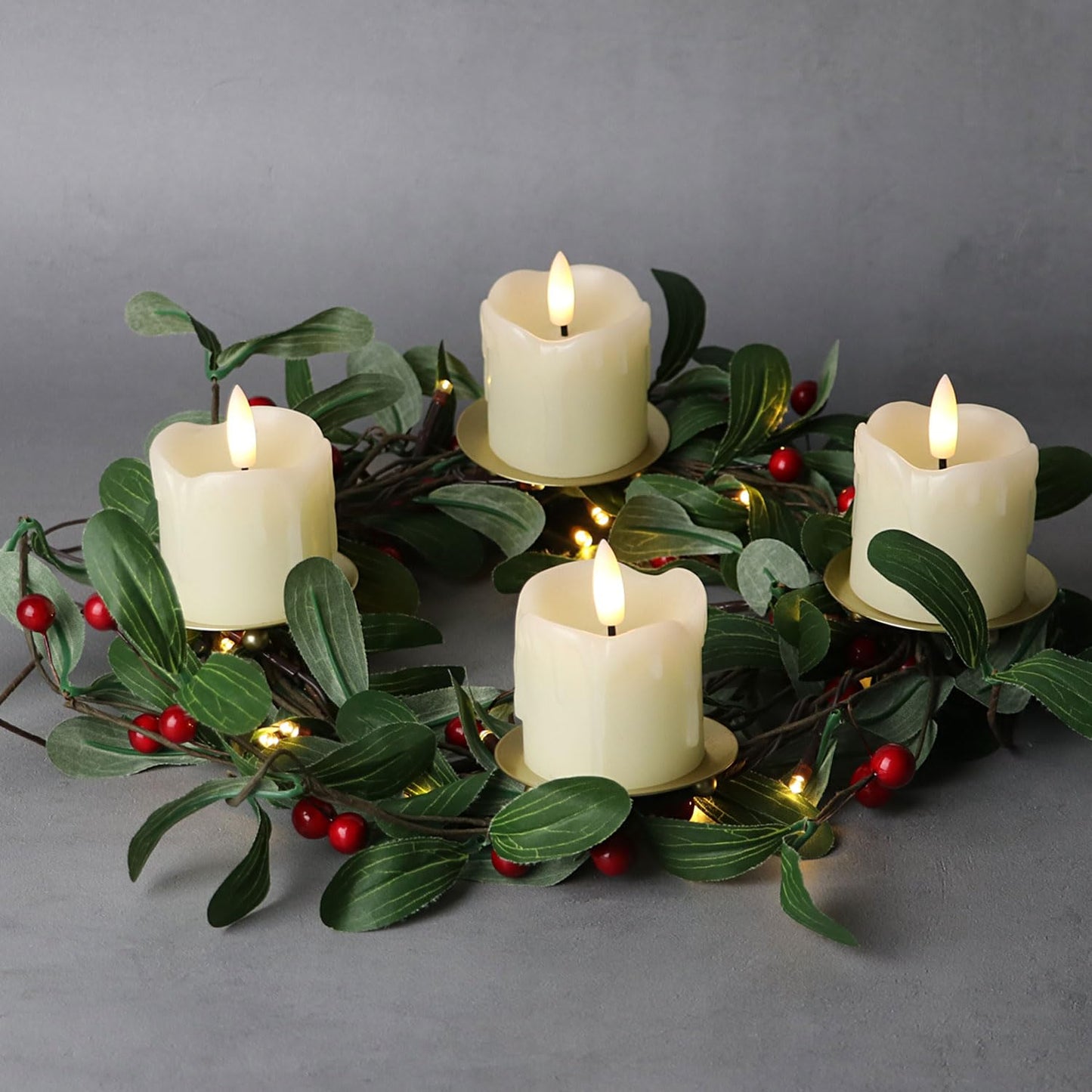 Rhytsing 5.9FT Red Berry Green Leaves Branch Pre-lit Garland with 30 LED Lights, Battery Operated Fairy String Lights with Timer Function for Christmas Mantel Decoration