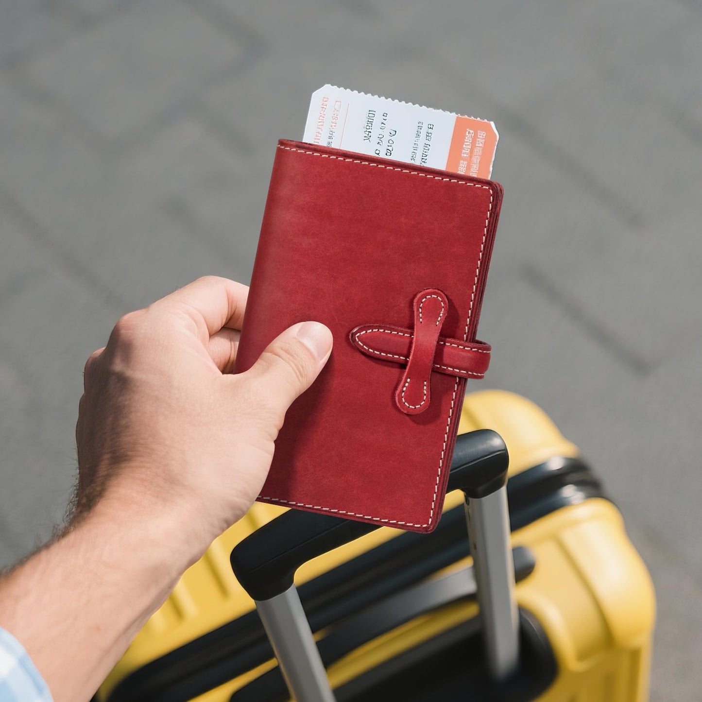 une diffe Leather Passport Holder for Travel Women Men, RFID Blocking Card Slot, Top-Grain leather with Magic Buckle, Boarding Pass Pocket,Retro Passport Wallet,Red