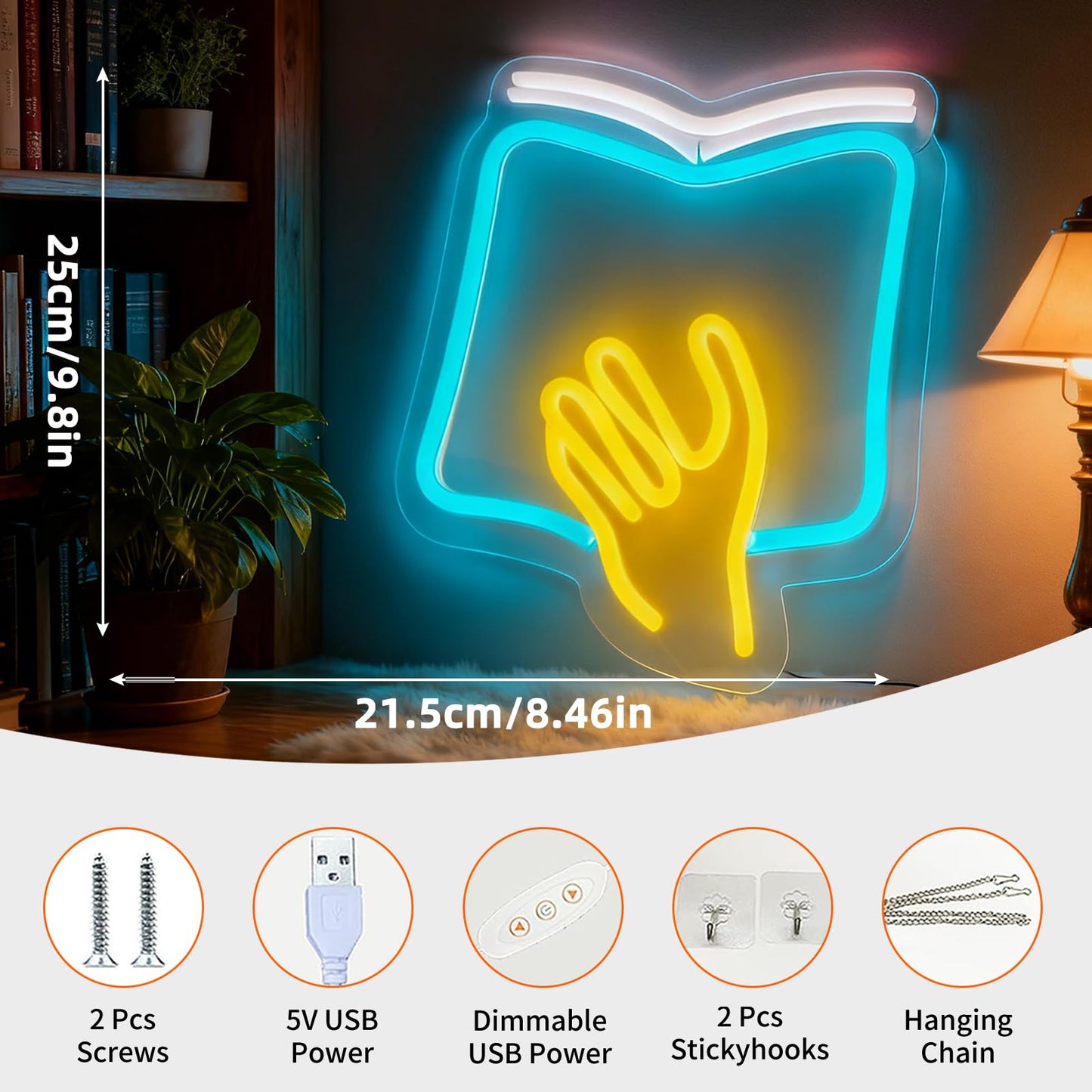 Reading Theme LED Neon Sign, Book with Hand Shape Neon Light, Library Study Room Home Bedroom Wall Table Decor, USB Powered Dimmable Decorative Light 9.8 x 8.5 In