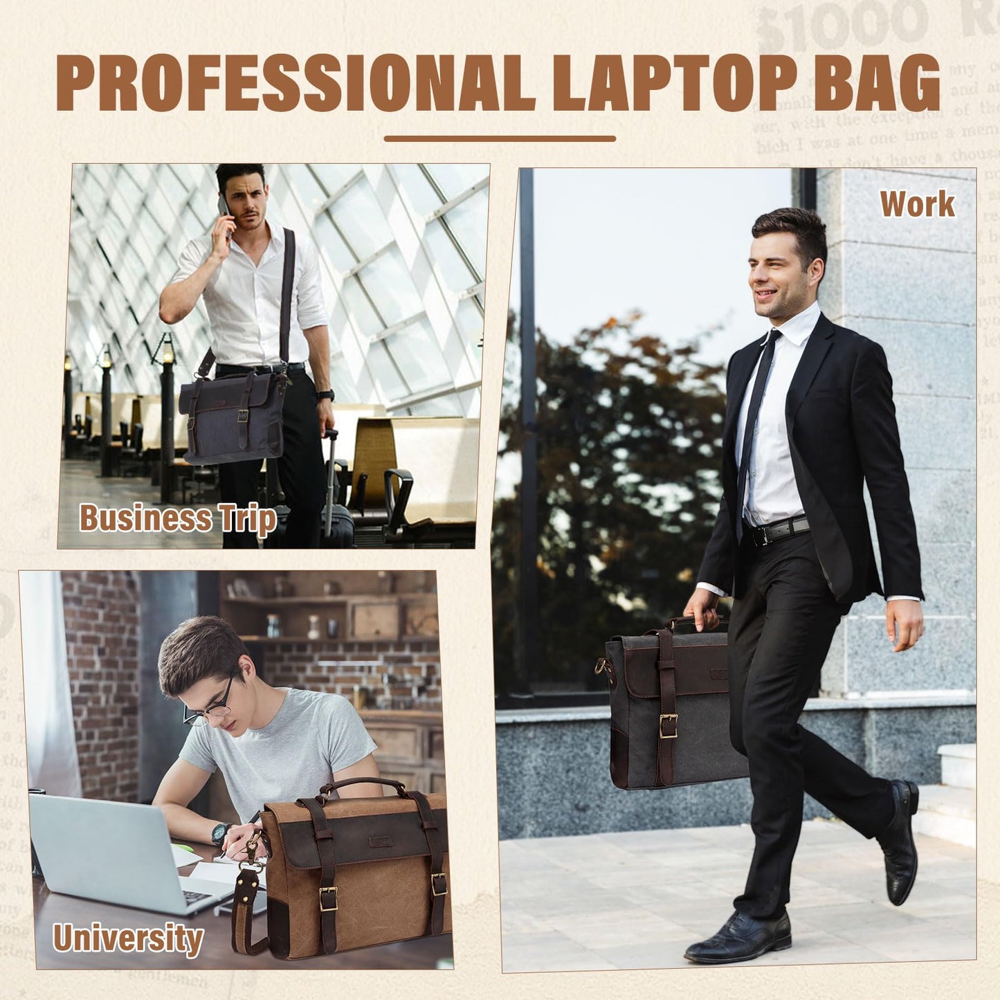 VASCHY Vintage Canvas Leather Messenger Bag School Shoulder Bag Business Briefcase Satchel Gray