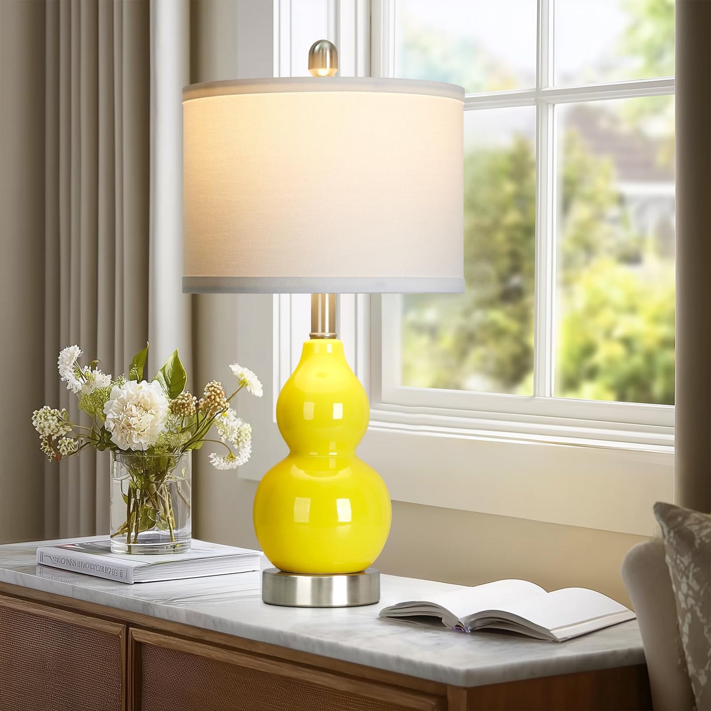 luxeflow Double Gourd Ceramic Table Lamps Set of 2, Yellow Modern Bedside Lamps for Living Room, Contemporary Nightstand Desk Lamps for Bedroom End Table Home Office Decor(2 LED Bulbs Included)