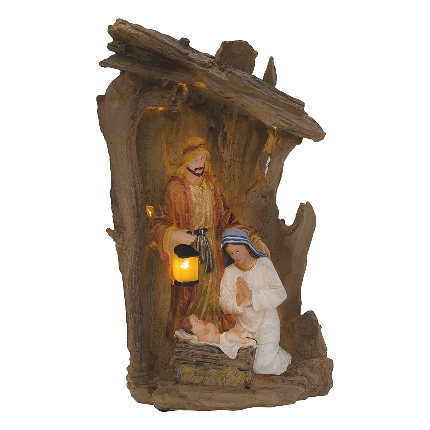 Three Kings Gifts Lighted Holy Family Nativity Scene Christmas Manger Display with LED Lights – Indoor Religious Holiday Décor Featuring Mary, Joseph & Baby Jesus – Rustic Stable Christmas Decoration