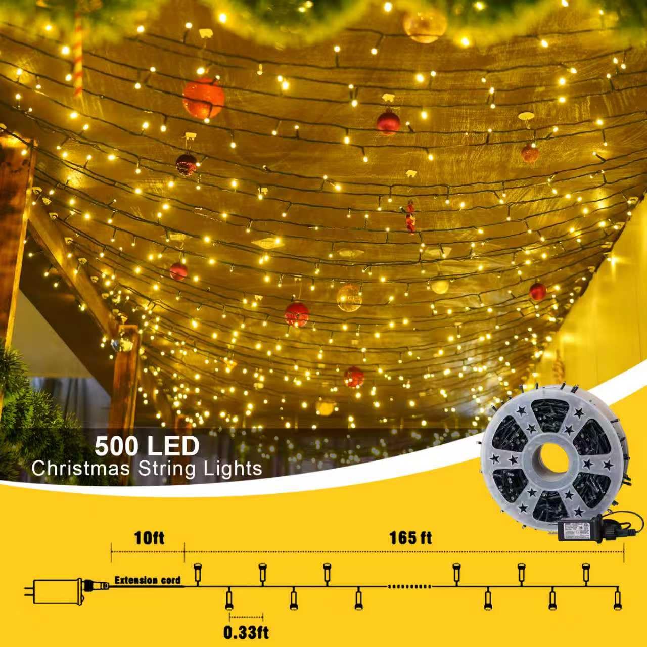 QITONG 500LED Warm White String Lights, 165ft Christmas Lights Outdoor Waterproof with Plug in, Green Wire Twinkle Tree Lights Indoor with 8 Modes