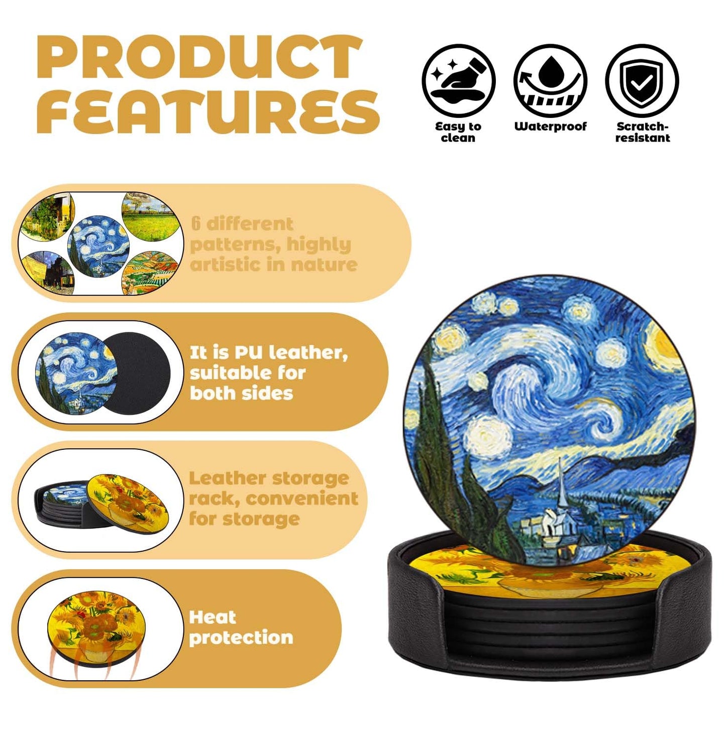 ABCHCHS Coasters Set of 6 - Van Gogh Style PU Leather Coasters for Drinks with Holder - Handmade Round Drink Coasters Set for Home Decor and Housewarming Gift