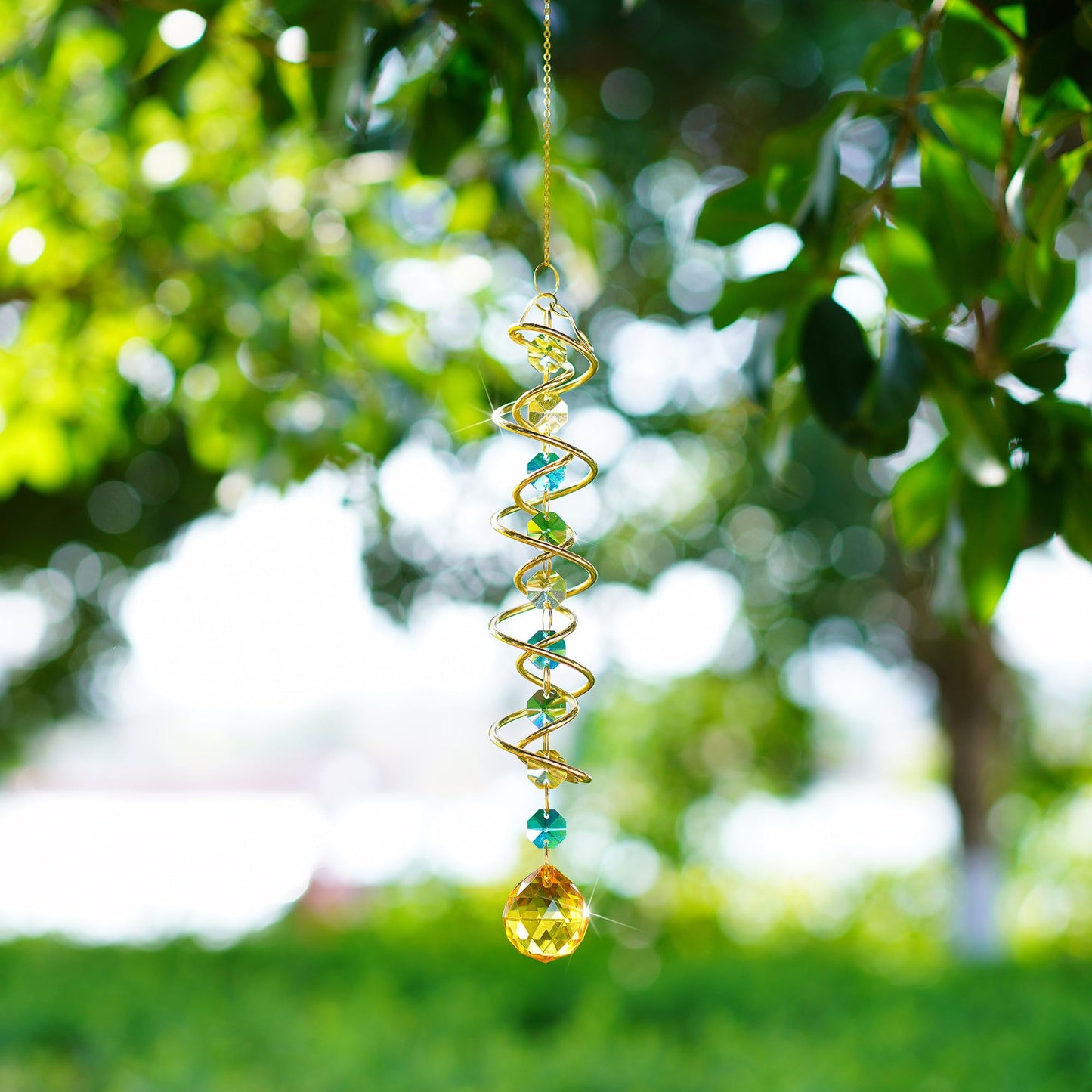 H&D HYALINE & DORA Glass Gazing Ball Spiral Tail Decorative Sun Catcher,20.5in Rainbow Maker Double-Spiral W/Yellow Crystal Ball Prism Sun Catcher for Indoor Outdoor Garden Decoration