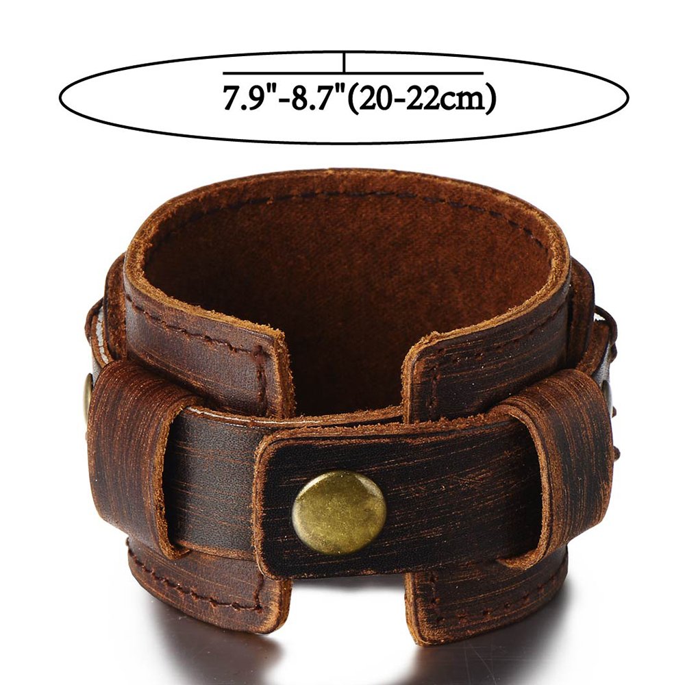 COOLSTEELANDBEYOND Men's Wide Brown Distressed Leather Cuff Bracelet with Snap Button Closure, Multi Wrap Layered Wristband, Vintage Biker Punk Jewelry Gift