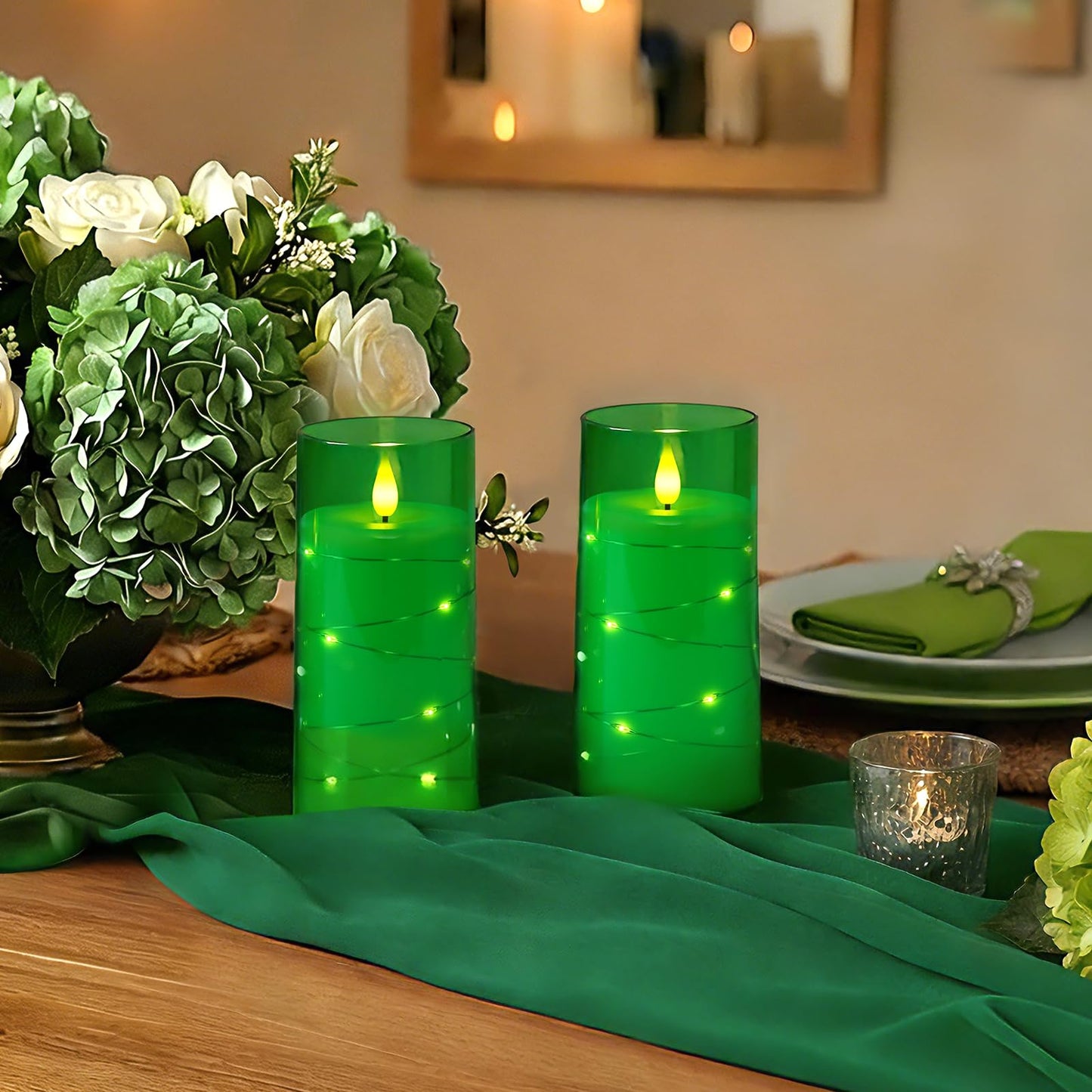 Homemory St. Patrick's Day Flameless Candles with Embedded Star String Fairy Lights, Green Battery Operated Candles, LED Candle, Fake Candles with Remote Control and Timer, Set of 2(H 6" 6")